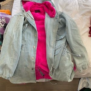 Denim and hot pink faux fur jacket